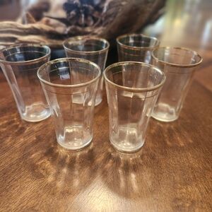 vintage Set Of 6 gold-trimmed, ribbed glass shot glasses. 3"